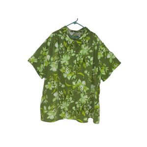 Roaman's Top 5X Green Floral Button Down Short Sleeve Split‎ Hem Shirt